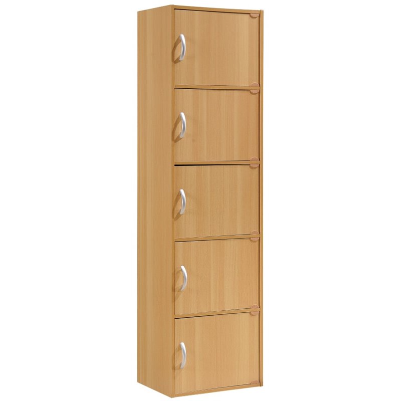 Pemberly Row Set of 2 5-Shelf 5 Door Multi-Purpose Wooden Bookcases in Beige