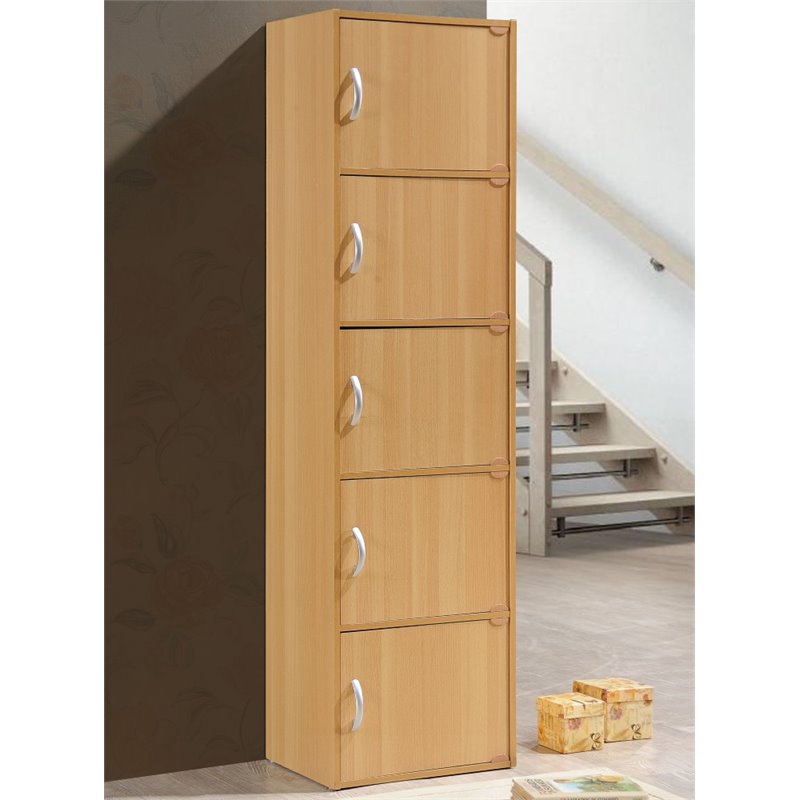 Pemberly Row Set of 2 5-Shelf 5 Door Multi-Purpose Wooden Bookcases in Beige