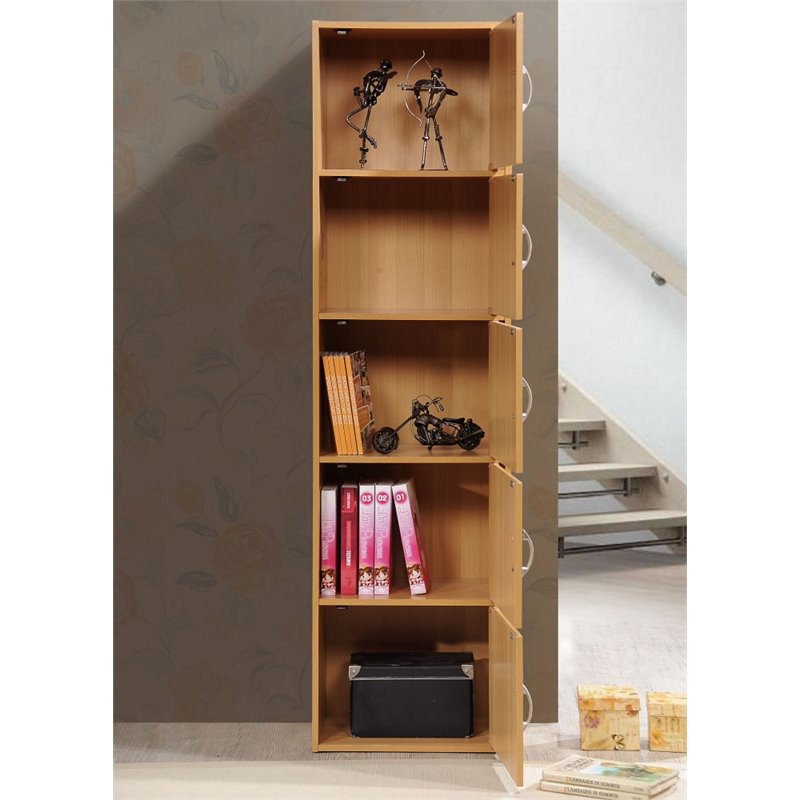 Pemberly Row Set of 2 5-Shelf 5 Door Multi-Purpose Wooden Bookcases in Beige