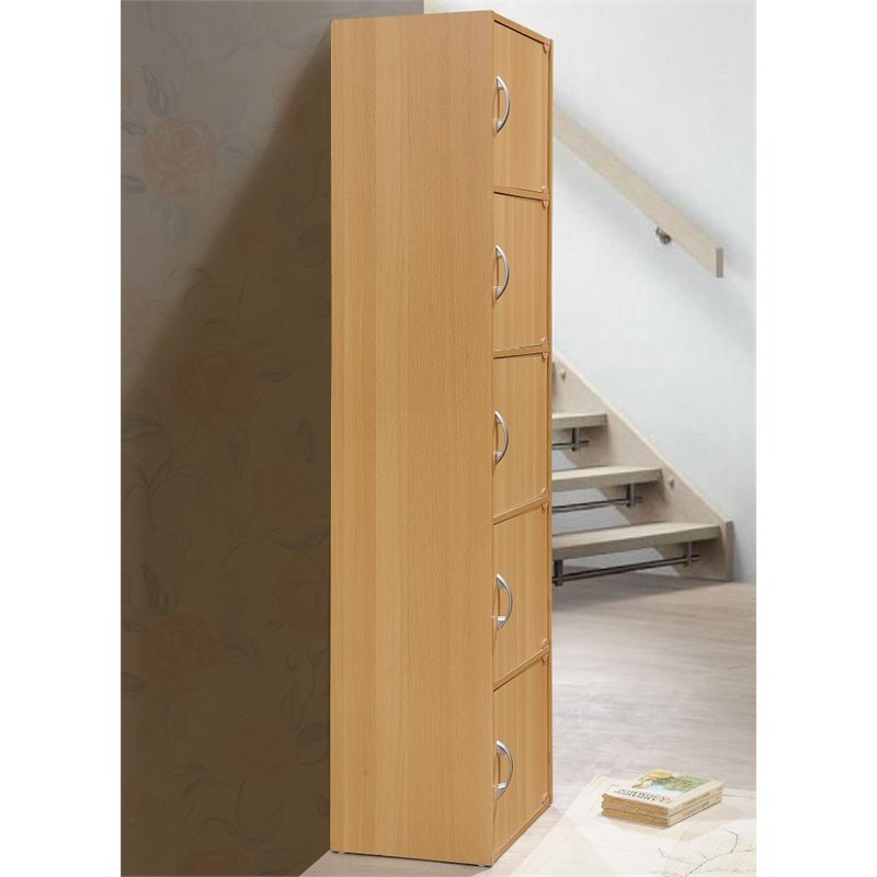 Pemberly Row Set of 2 5-Shelf 5 Door Multi-Purpose Wooden Bookcases in Beige