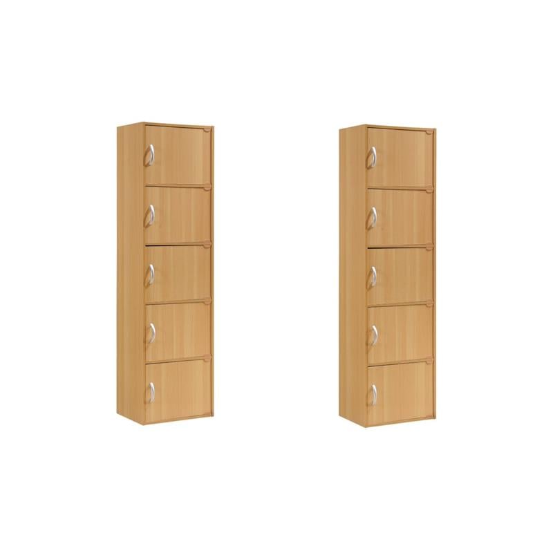 Pemberly Row Set of 2 5-Shelf 5 Door Multi-Purpose Wooden Bookcases in Beige
