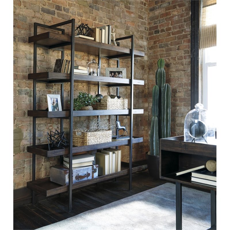 Pemberly Row Set of 2 Contemporary 5-Shelf Bookcases in Brown
