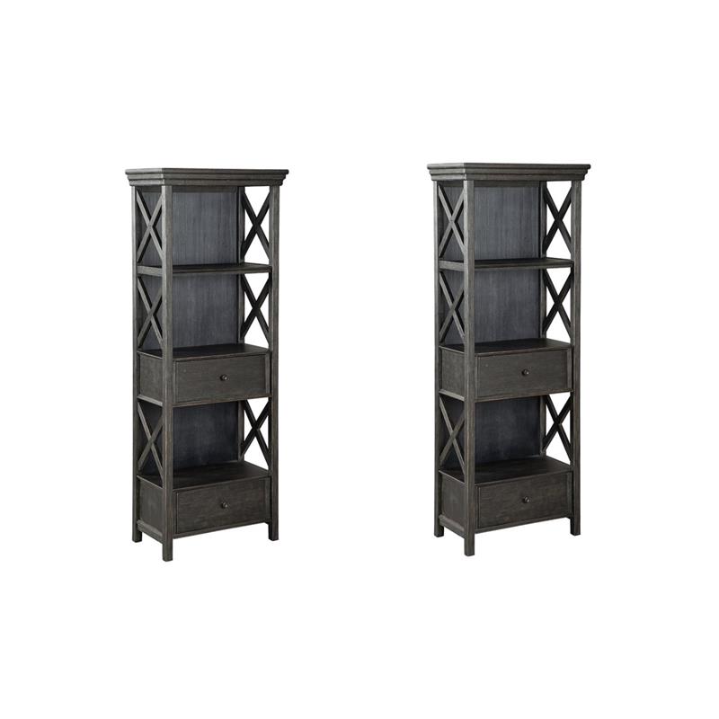 Pemberly Row Set of 2 Contemporary 3-Shelf Bookcases in Black and Gray