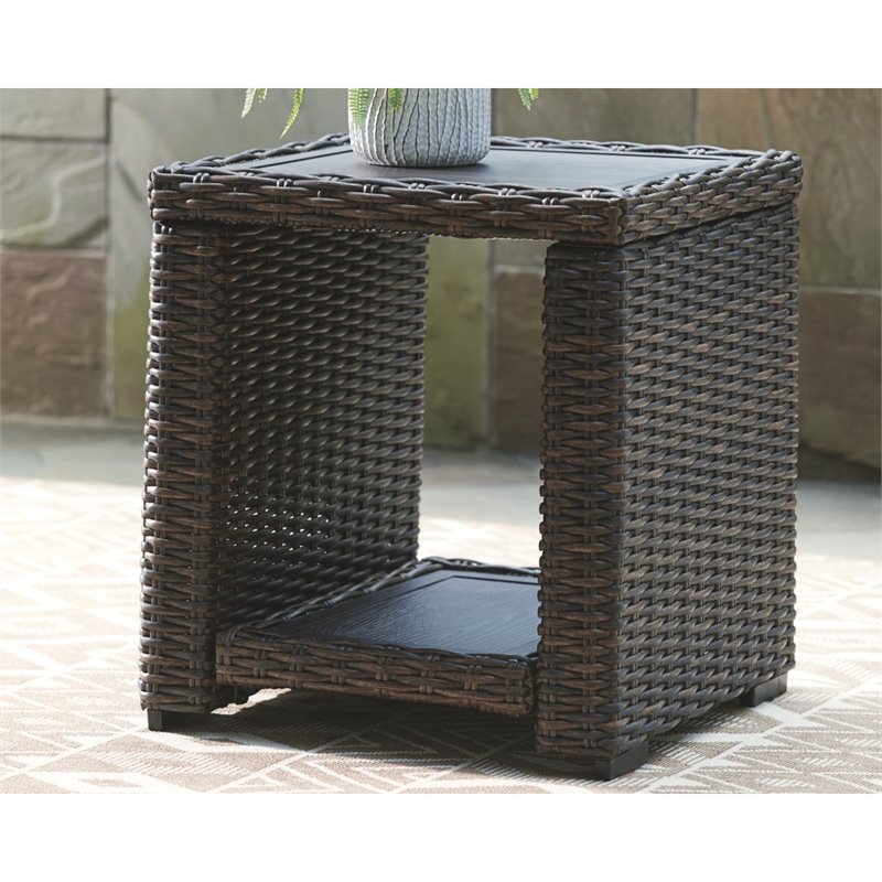 Pemberly Row Set of 2 Contemporary Square Patio End Tables in Brown