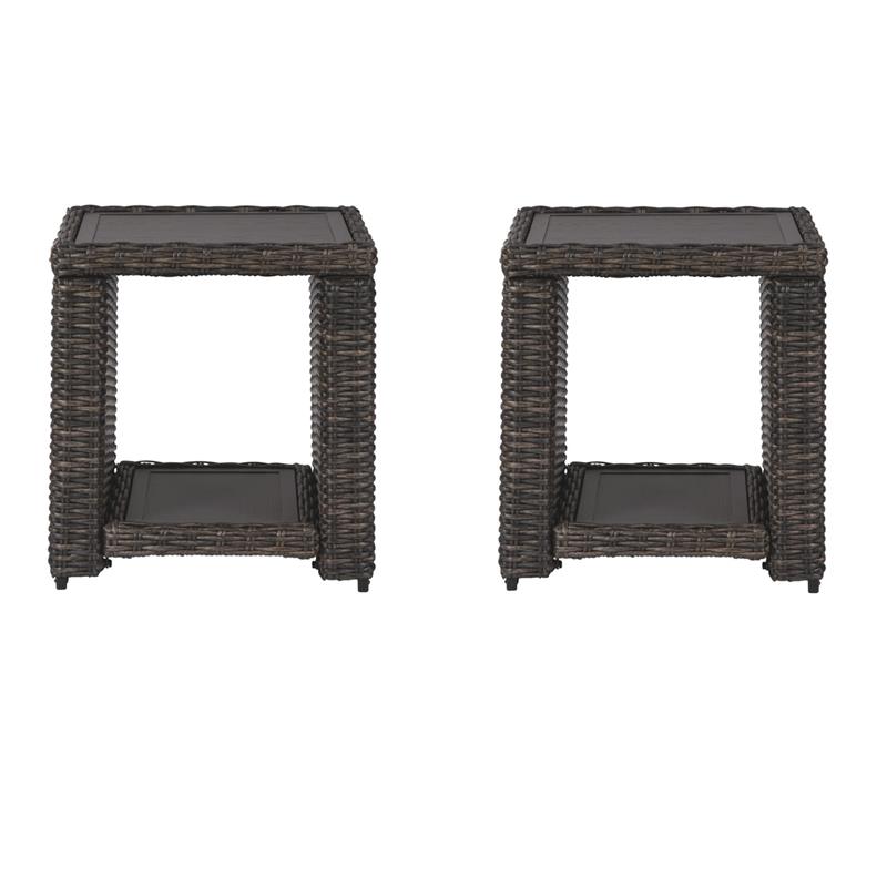 Pemberly Row Set of 2 Contemporary Square Patio End Tables in Brown