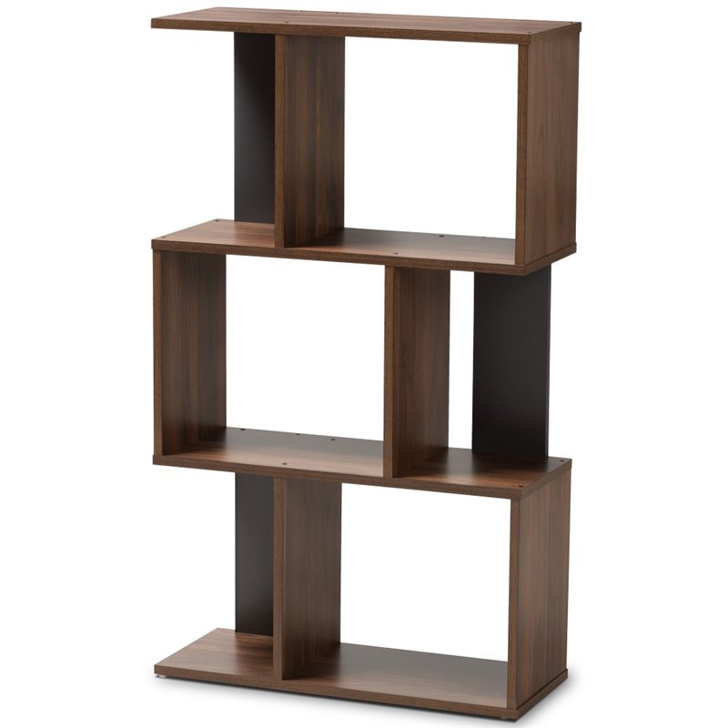 Pemberly Row Set of 2 3-Shelf Display Bookcases in Brown and Dark Grey