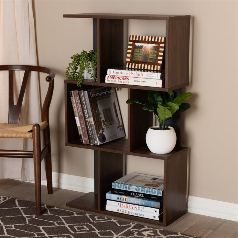 Pemberly Row Set of 2 3-Shelf Display Bookcases in Brown and Dark Grey