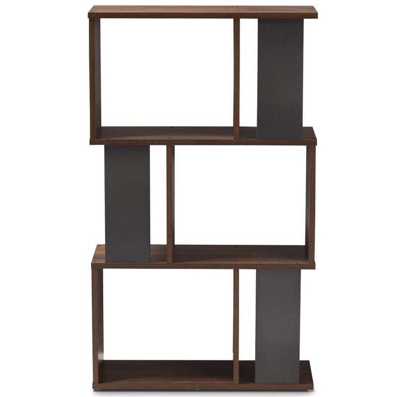 Pemberly Row Set of 2 3-Shelf Display Bookcases in Brown and Dark Grey