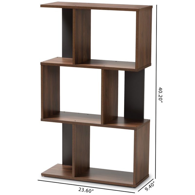 Pemberly Row Set of 2 3-Shelf Display Bookcases in Brown and Dark Grey