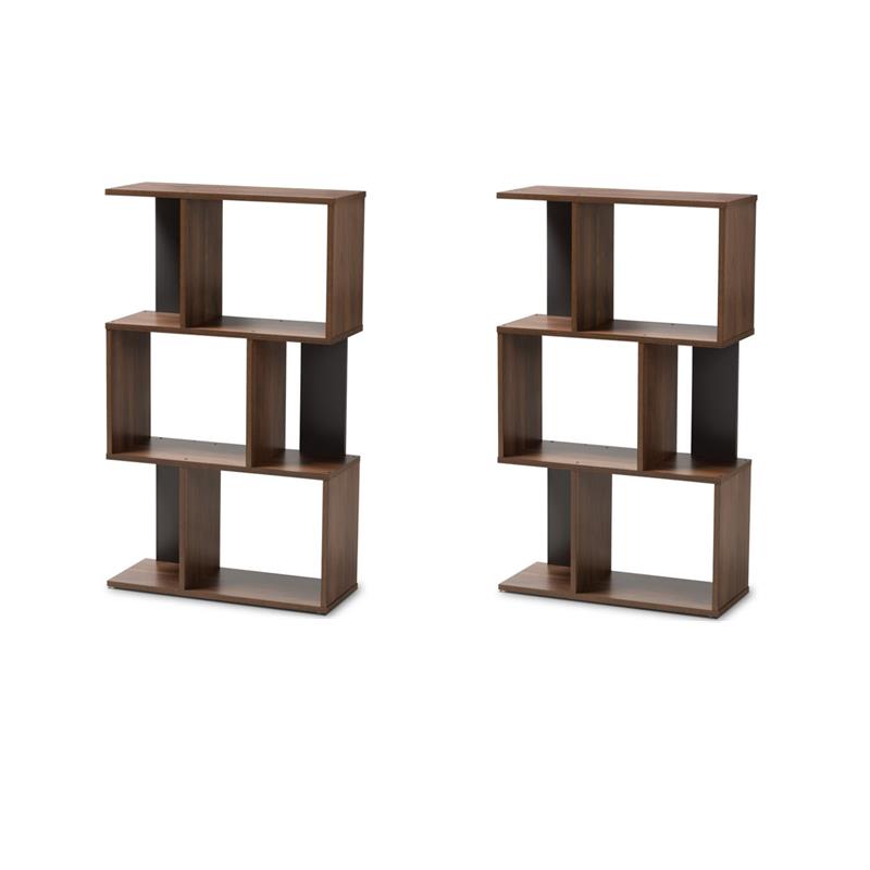 Pemberly Row Set of 2 3-Shelf Display Bookcases in Brown and Dark Grey