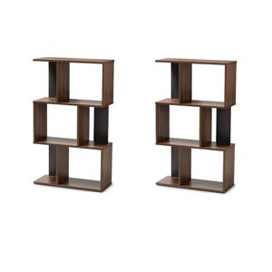 Pemberly Row Set of 2 3-Shelf Display Bookcases in Brown and Dark Grey