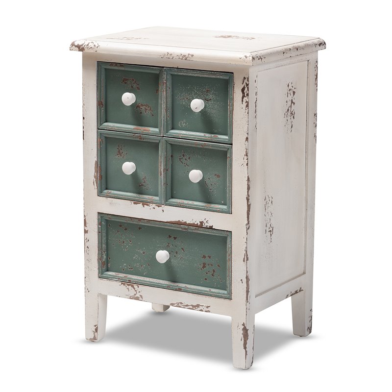 Pemberly Row Set of 2 Farmhouse 5-Drawer Wood End Tables in White and Teal
