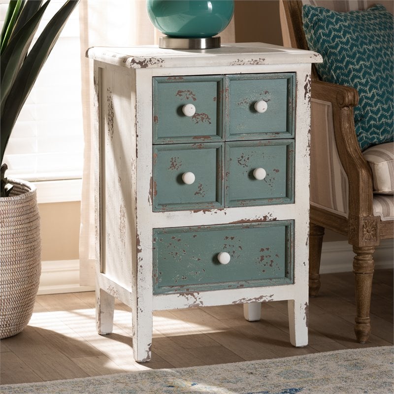 Pemberly Row Set of 2 Farmhouse 5-Drawer Wood End Tables in White and Teal