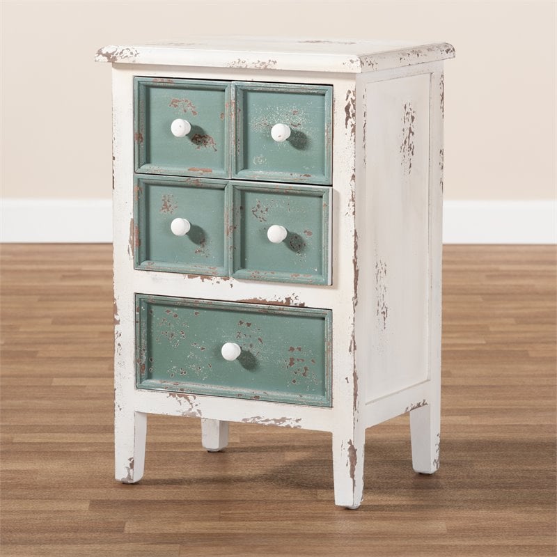 Pemberly Row Set of 2 Farmhouse 5-Drawer Wood End Tables in White and Teal