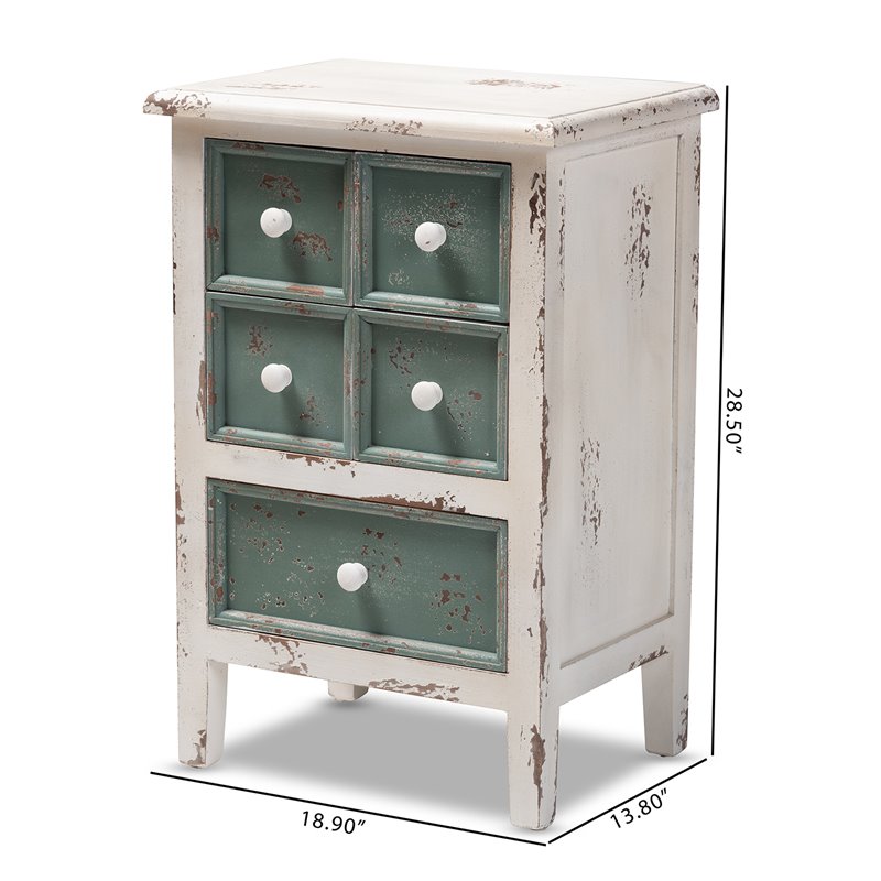 Pemberly Row Set of 2 Farmhouse 5-Drawer Wood End Tables in White and Teal