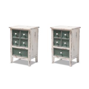 Pemberly Row Set of 2 Farmhouse 5-Drawer Wood End Tables in White and Teal