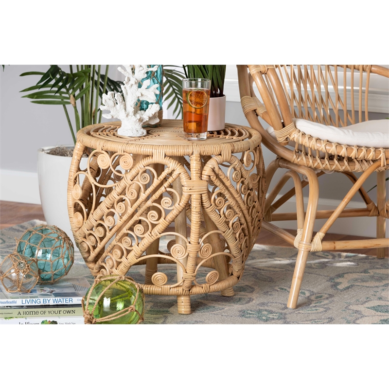 Pemberly Row Set of 2 Modern Bohemian Natural Browned Rattan End Tables