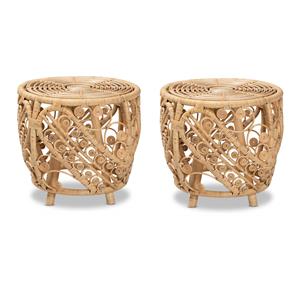 Pemberly Row Set of 2 Modern Bohemian Natural Browned Rattan End Tables