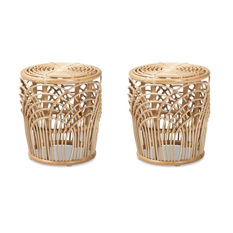 Pemberly Row Set of 2 Modern Bohemian Natural Browned Rattan End Tables