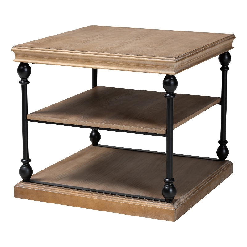 Pemberly Row Set of 2 Greywashed Wood and Black Metal 3-Tier End Tables