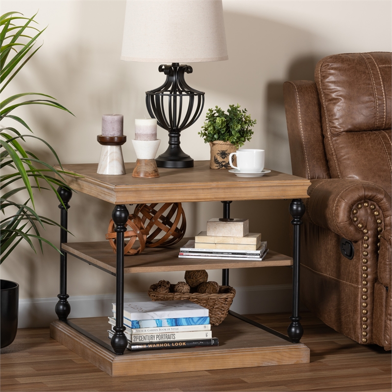 Pemberly Row Set of 2 Greywashed Wood and Black Metal 3-Tier End Tables