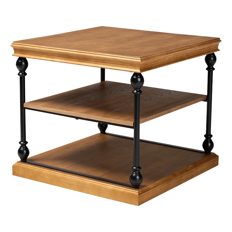Pemberly Row Set of 2 Oak Brown Wood and Black Metal 3-Tier End Tables