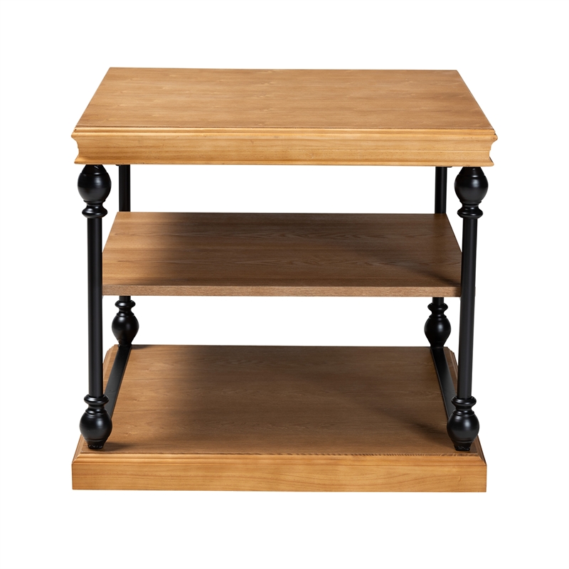 Pemberly Row Set of 2 Oak Brown Wood and Black Metal 3-Tier End Tables