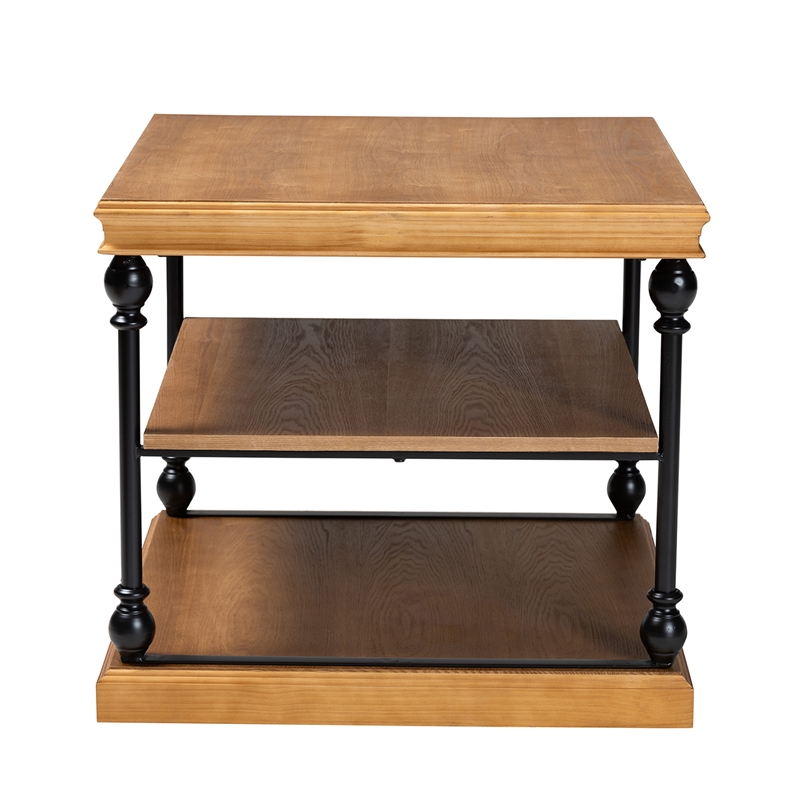 Pemberly Row Set of 2 Oak Brown Wood and Black Metal 3-Tier End Tables