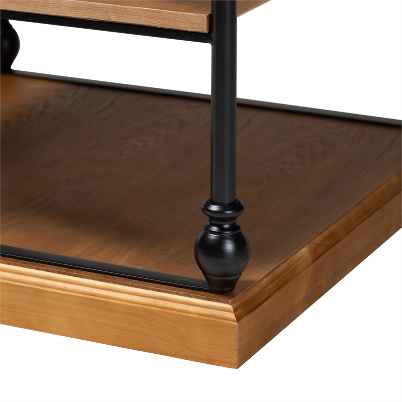 Pemberly Row Set of 2 Oak Brown Wood and Black Metal 3-Tier End Tables