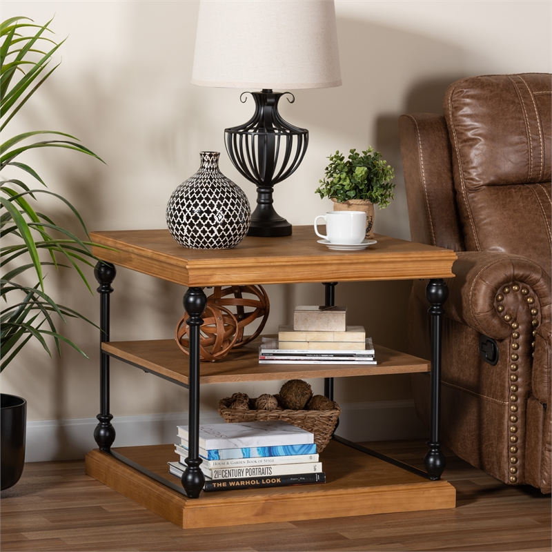 Pemberly Row Set of 2 Oak Brown Wood and Black Metal 3-Tier End Tables