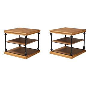 Pemberly Row Set of 2 Oak Brown Wood and Black Metal 3-Tier End Tables