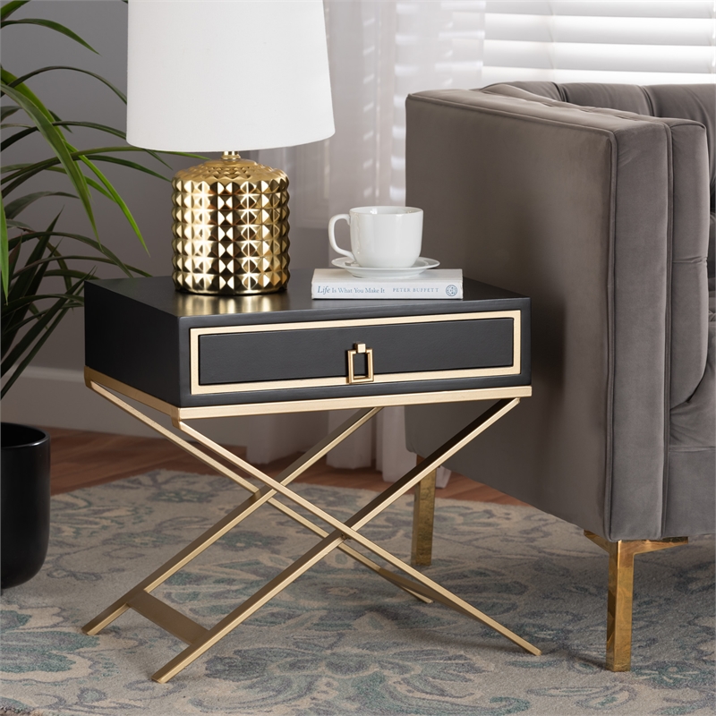 Pemberly Row Set of 2 Blacked Wood and Gold Metal 1-Drawer End Tables