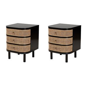 Pemberly Row Set of 2 Black Bayur Wood and Rattan 3-Drawer End Tables Nightstand