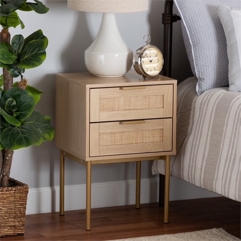 Pemberly Row Set of 2 Light Brown Wood and Gold Metal 2-Drawer End Tables