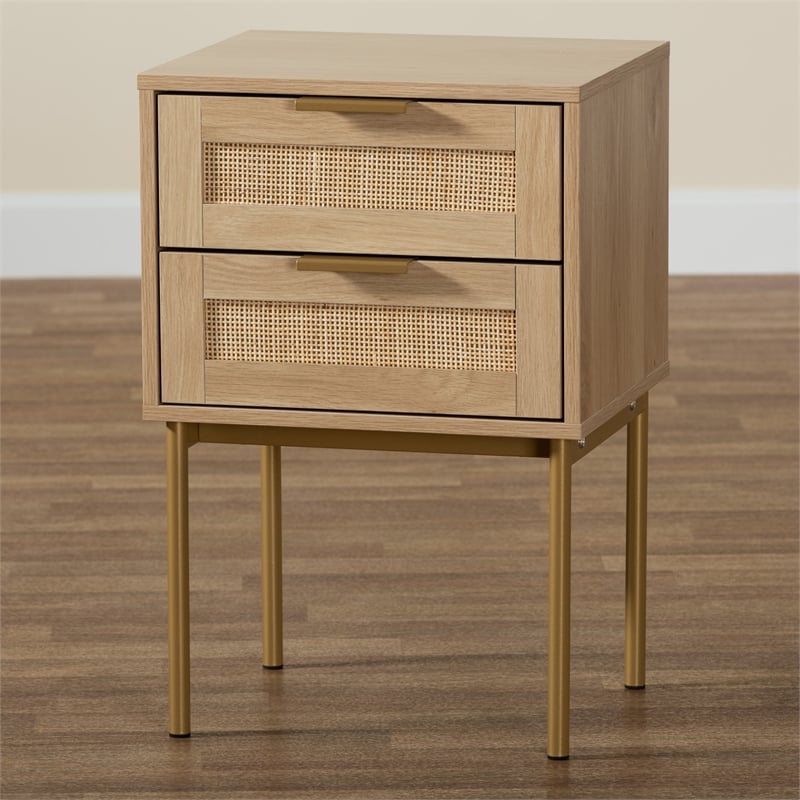 Pemberly Row Set of 2 Light Brown Wood and Gold Metal 2-Drawer End Tables