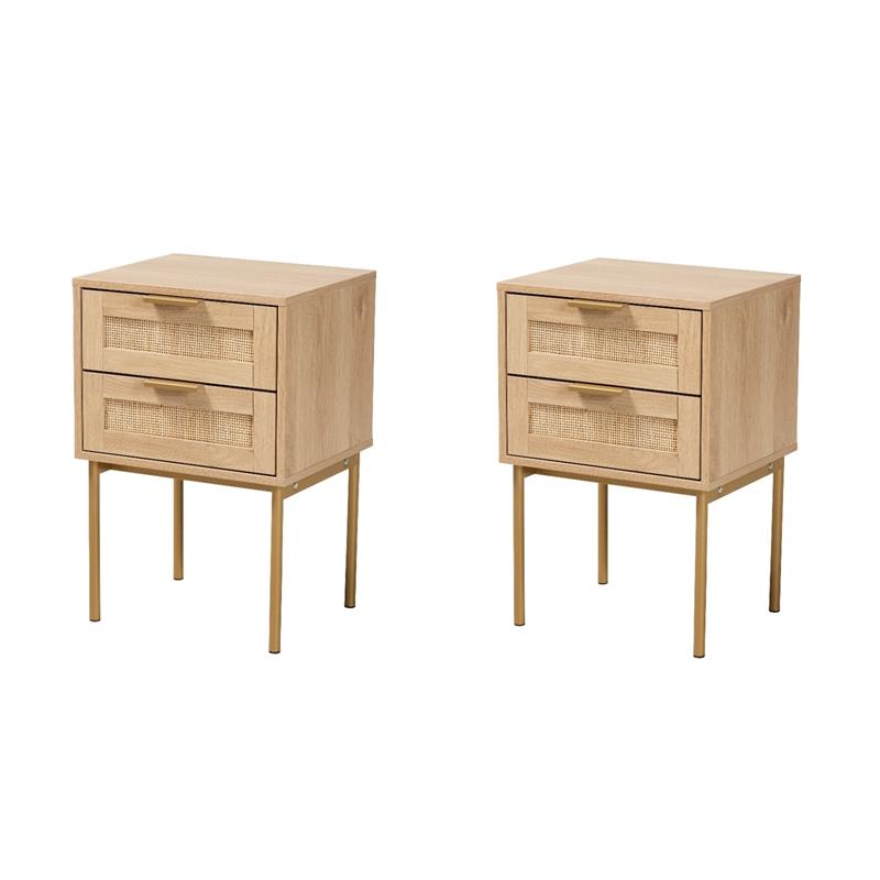 Pemberly Row Set of 2 Light Brown Wood and Gold Metal 2-Drawer End Tables