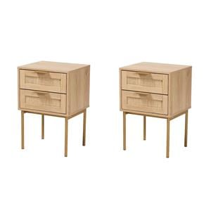 Pemberly Row Set of 2 Light Brown Wood and Gold Metal 2-Drawer End Tables