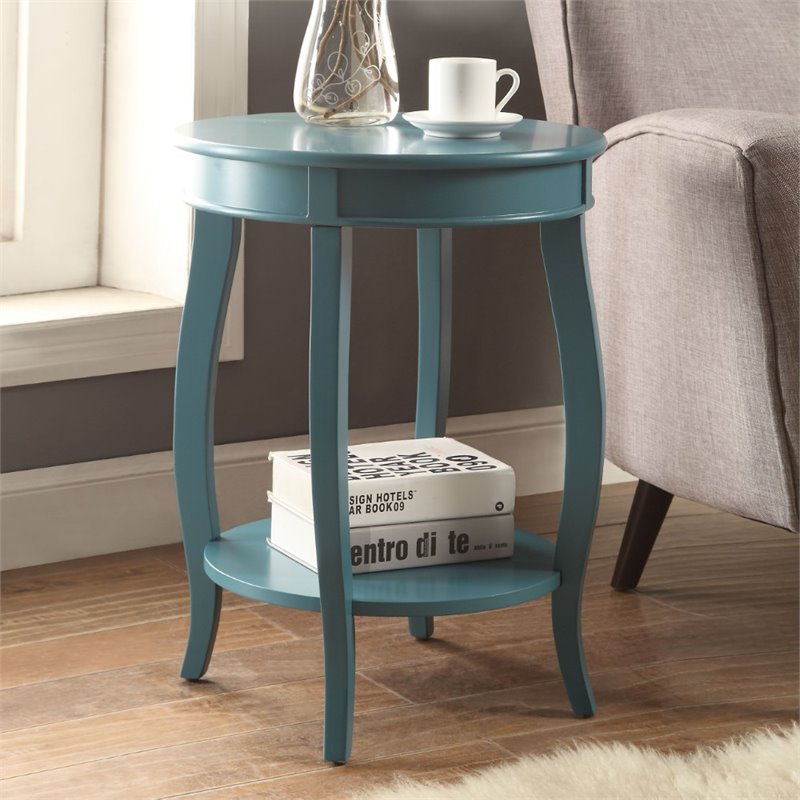 Pemberly Row Set of 2 Wooden Round End Tables with Bottom Shelf in Teal