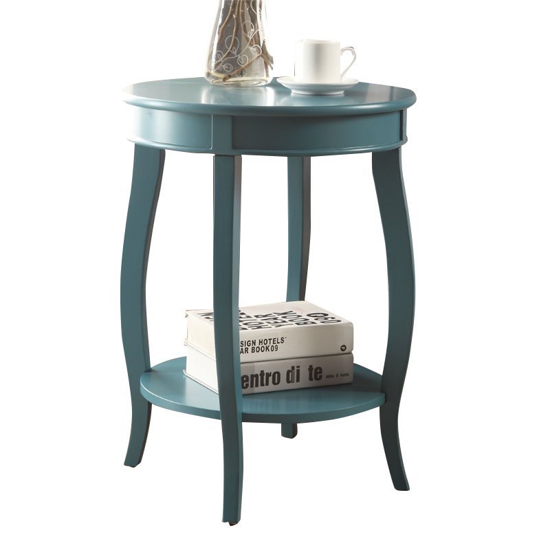 Pemberly Row Set of 2 Wooden Round End Tables with Bottom Shelf in Teal