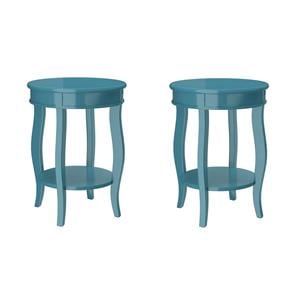 Pemberly Row Set of 2 Wooden Round End Tables with Bottom Shelf in Teal