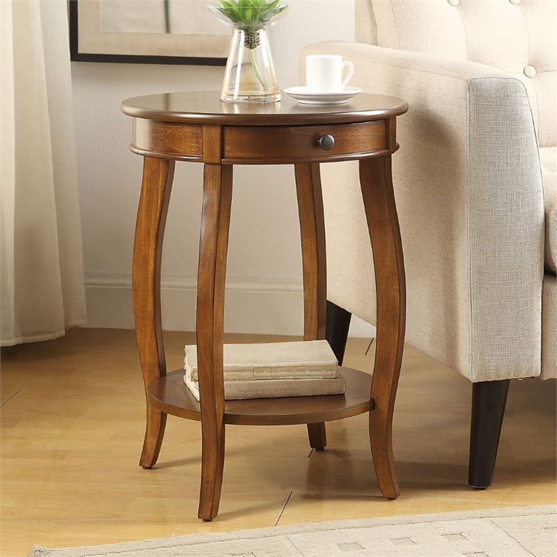 Pemberly Row Set of 2 Wooden Round End Tables with Bottom Shelf in Walnut