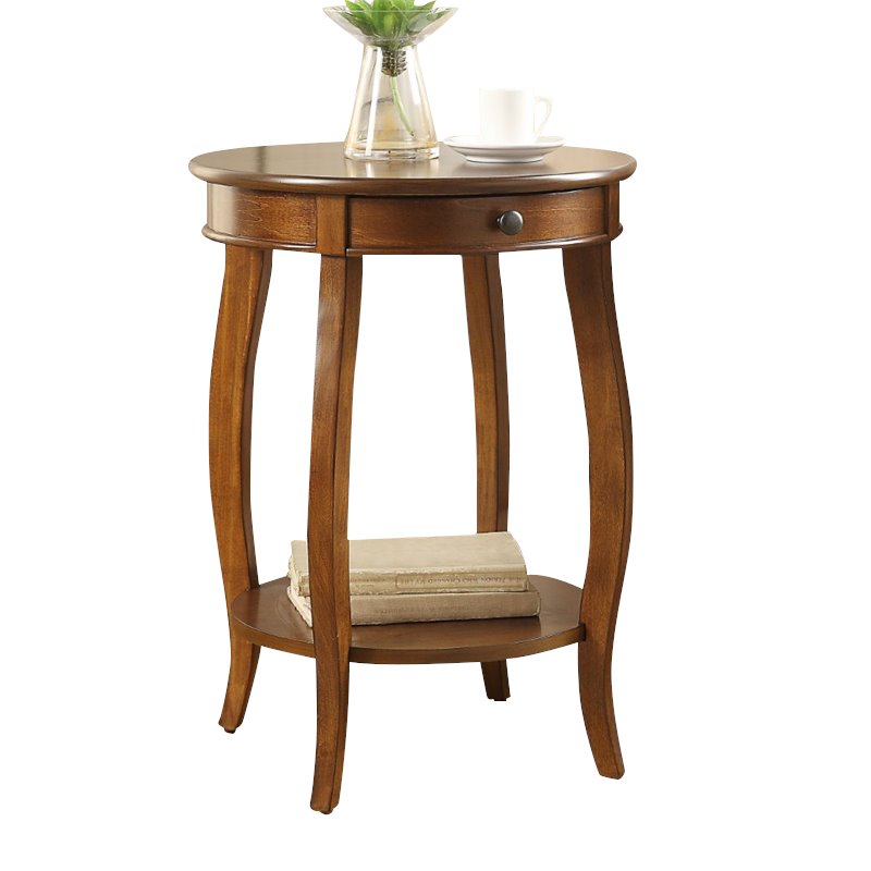 Pemberly Row Set of 2 Wooden Round End Tables with Bottom Shelf in Walnut