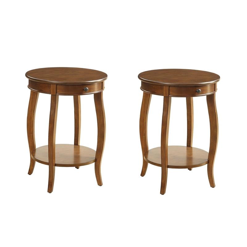Pemberly Row Set of 2 Wooden Round End Tables with Bottom Shelf in Walnut