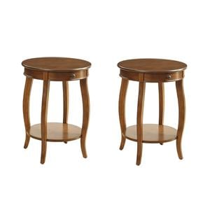 Pemberly Row Set of 2 Wooden Round End Tables with Bottom Shelf in Walnut