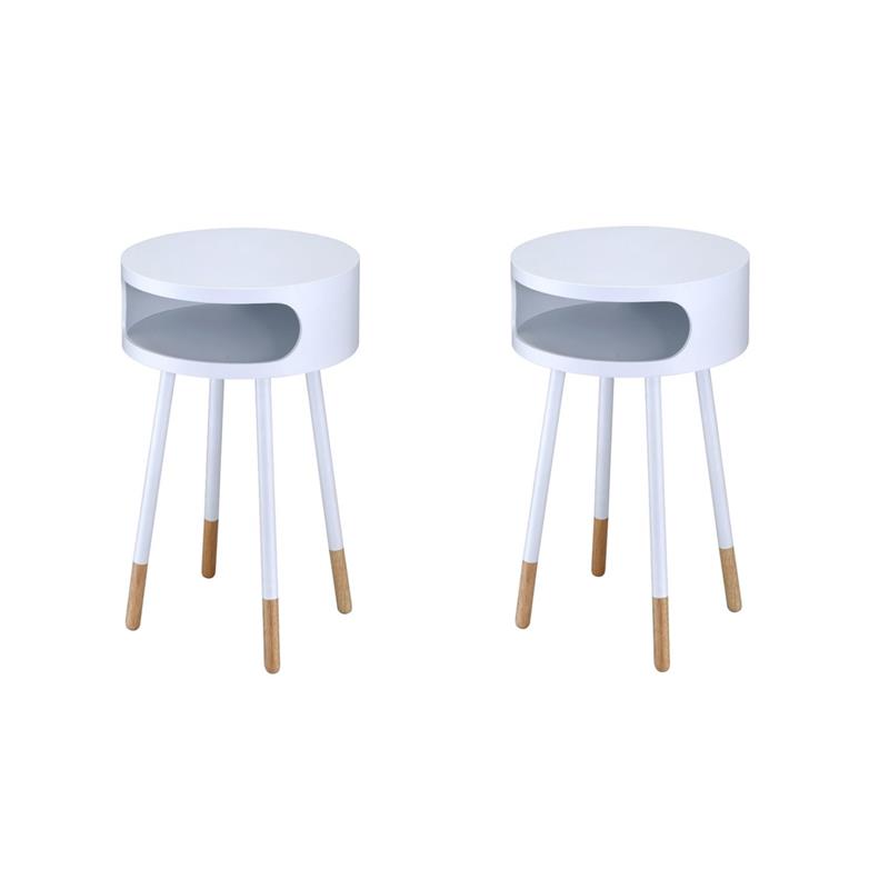 Pemberly Row Set of 2 Round End Tables with 1 Compartment in White and Natural