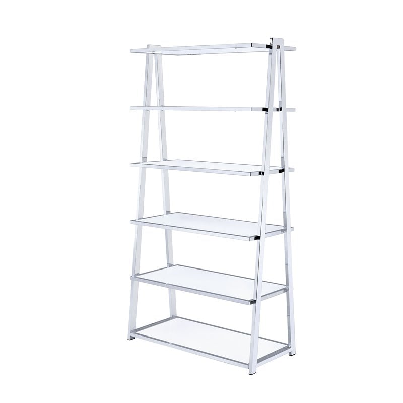 Pemberly Row Set of 2 Leaning Bookcases in White High Gloss and Chrome