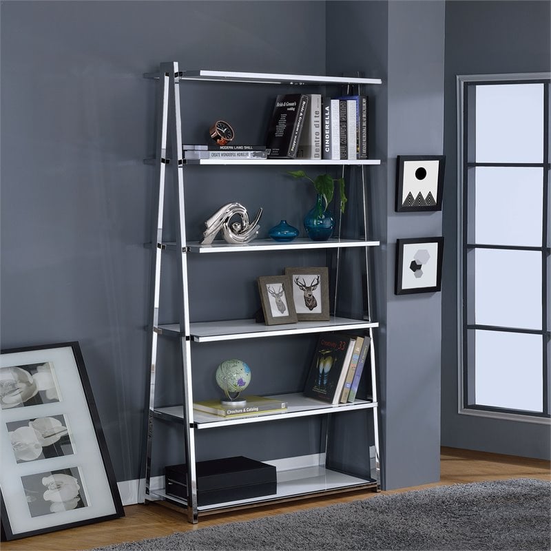 Pemberly Row Set of 2 Leaning Bookcases in White High Gloss and Chrome