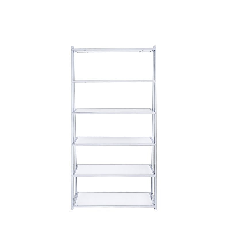 Pemberly Row Set of 2 Leaning Bookcases in White High Gloss and Chrome