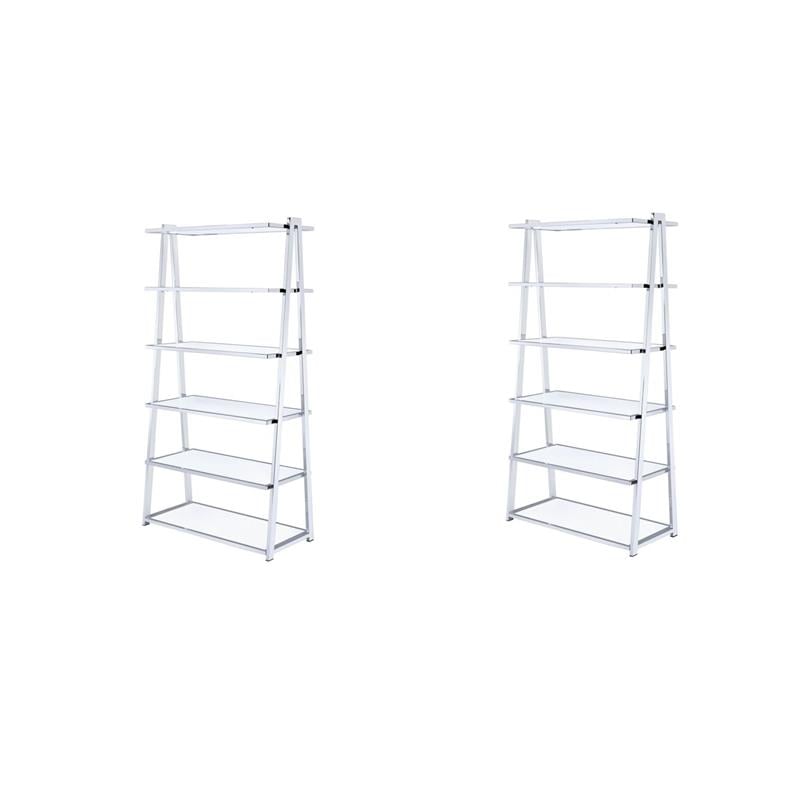 Pemberly Row Set of 2 Leaning Bookcases in White High Gloss and Chrome