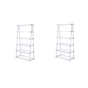 Pemberly Row Set of 2 Leaning Bookcases in White High Gloss and Chrome